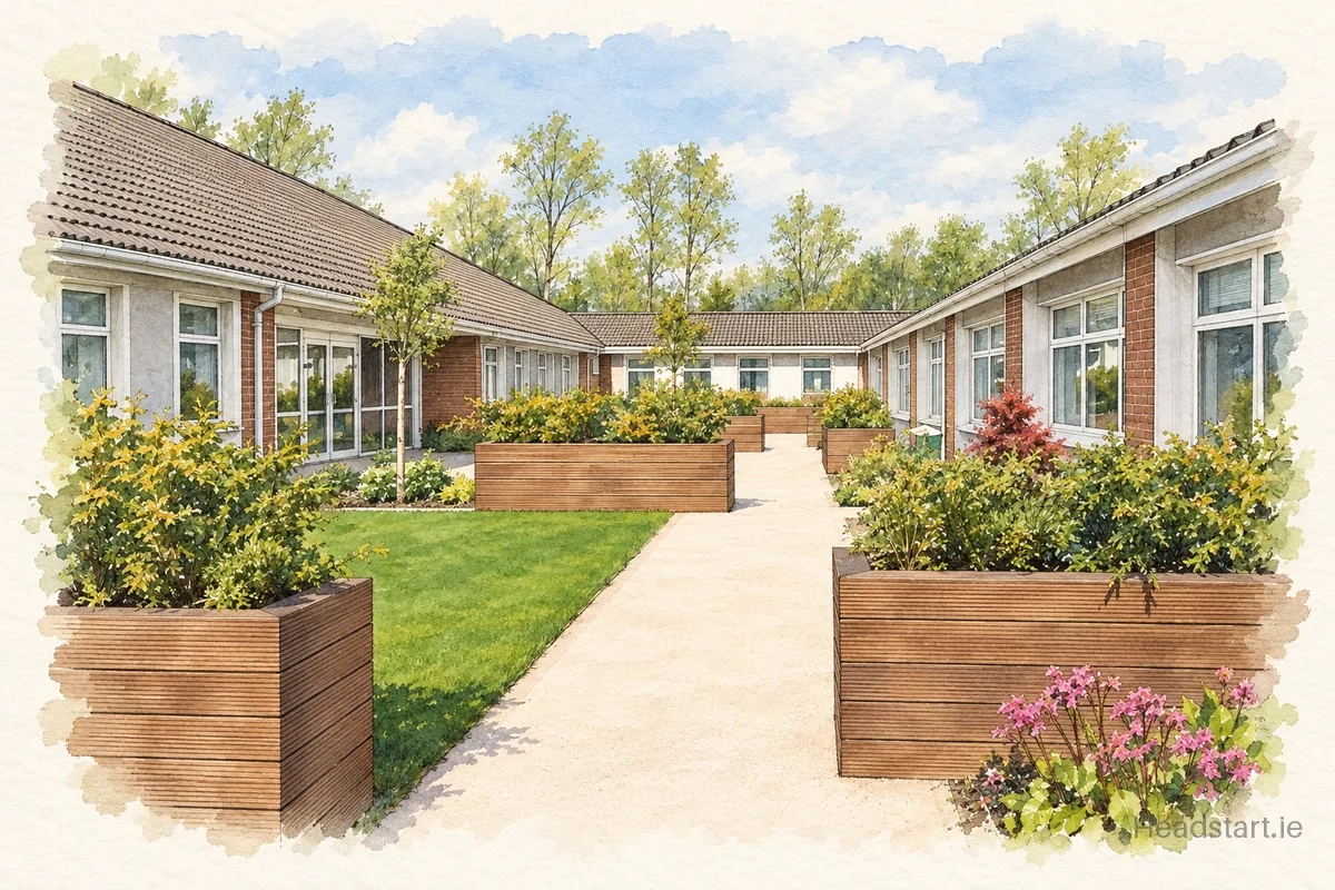 Watercolour illustration of the John Paul Ii National School building, Malahide