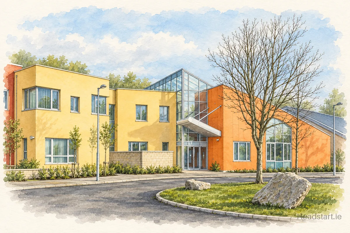 Watercolour illustration of the Linn Dara Schools building, Cherry Orchard Hospital Campus