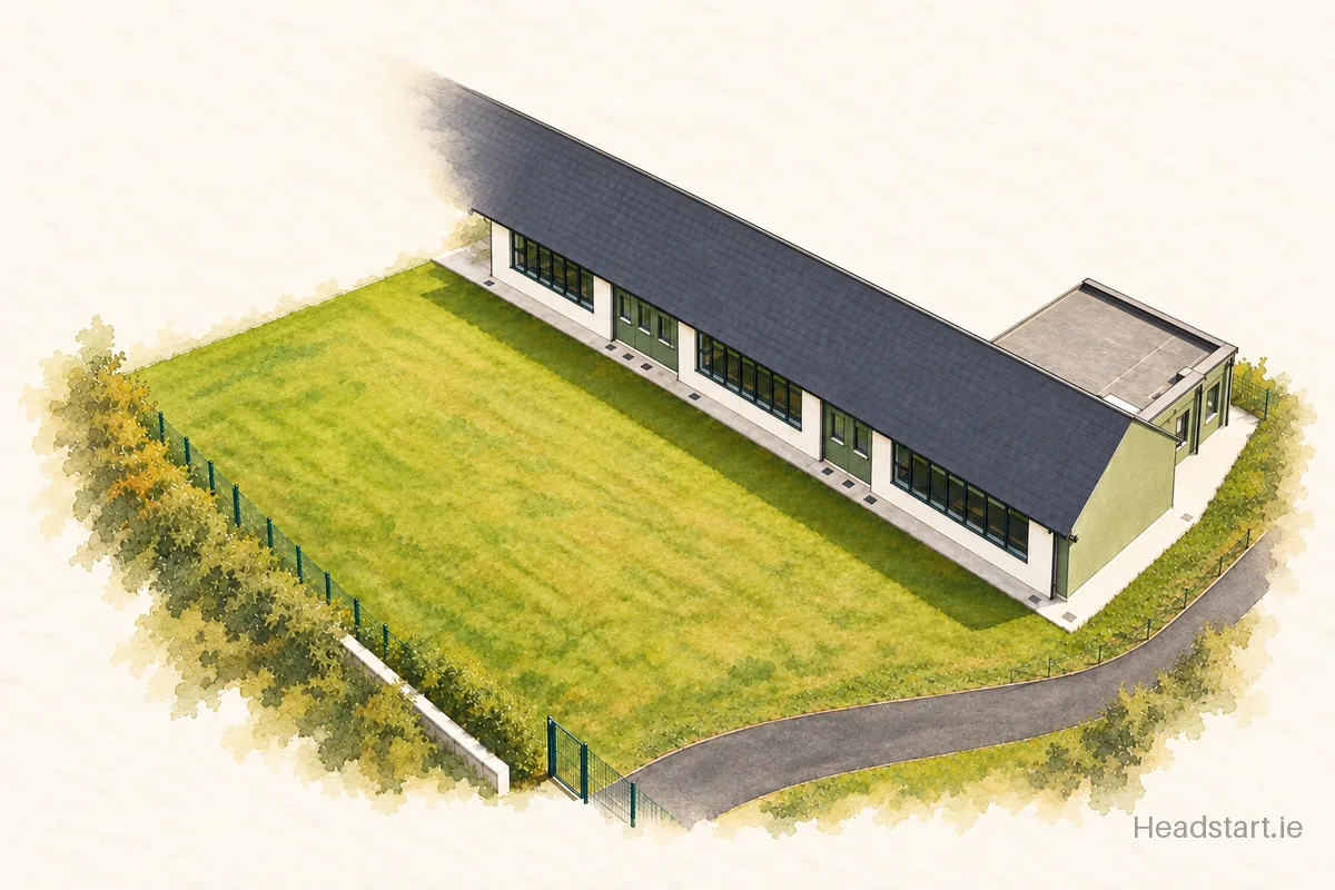 Watercolour illustration of the Gaelscoil Mhic Easmainn building, Tralee