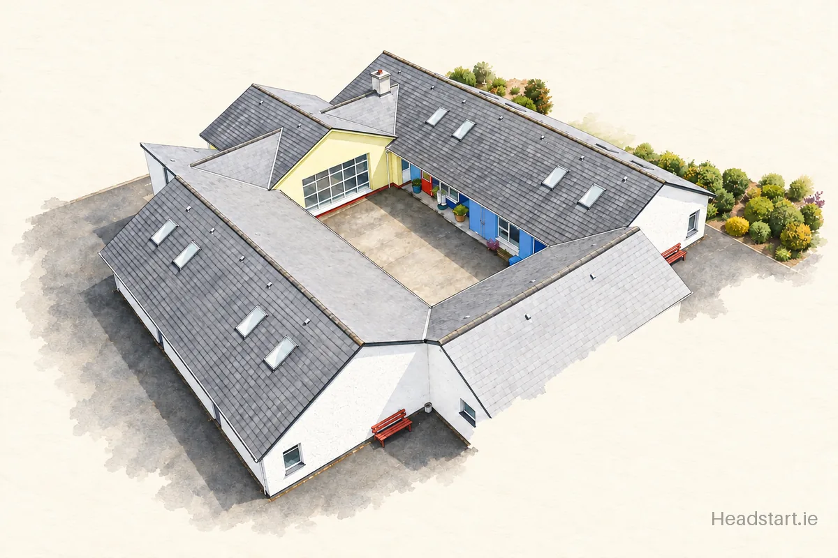 Watercolour illustration of the Ballinahowen National School building, Athlone