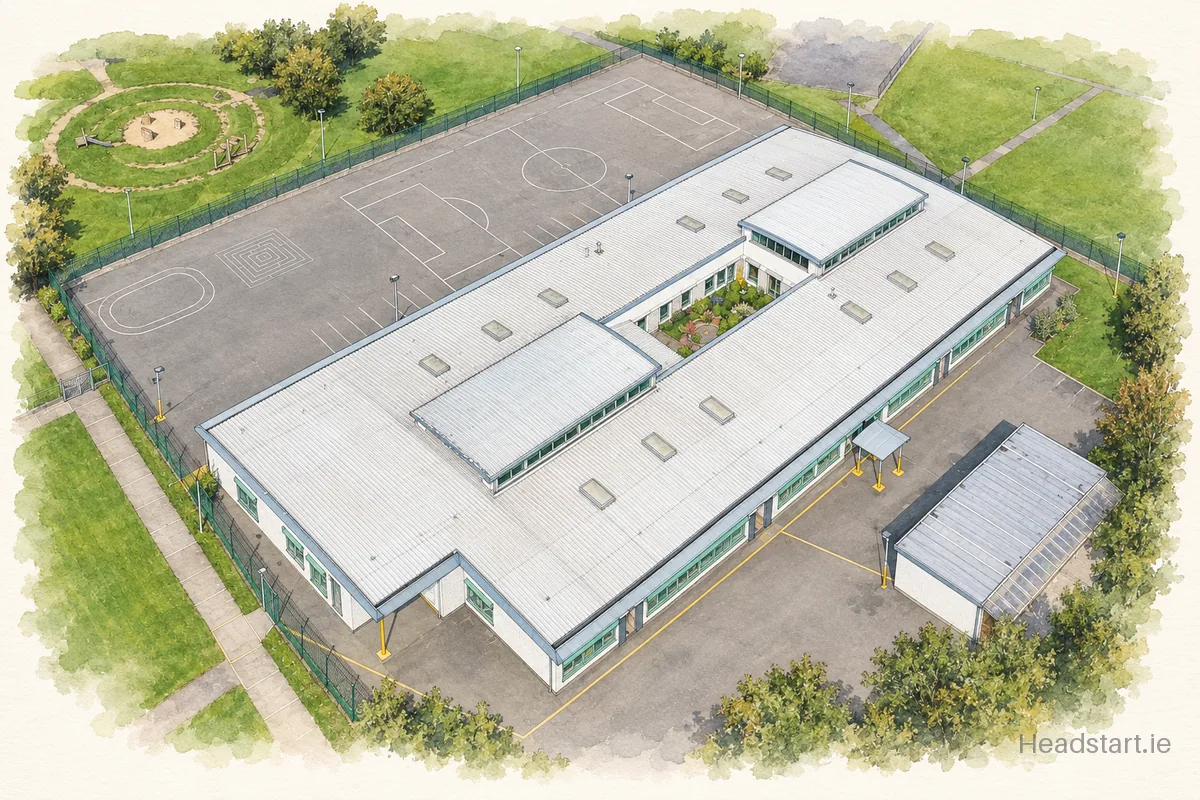 Watercolour illustration of the Scoil Santain building, Tamhlacht
