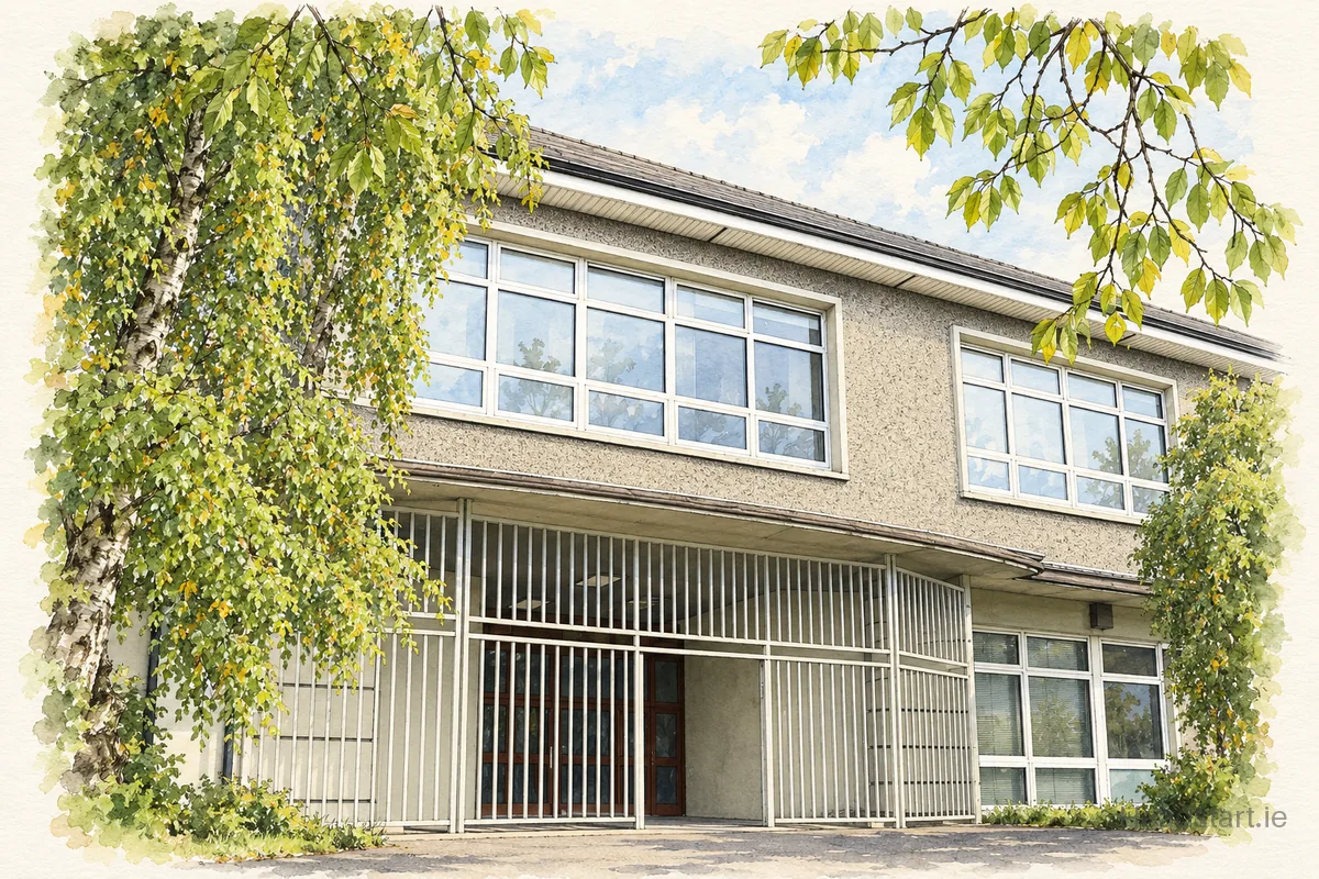 Watercolour illustration of the St Gabriels National School building, Ballyfermot