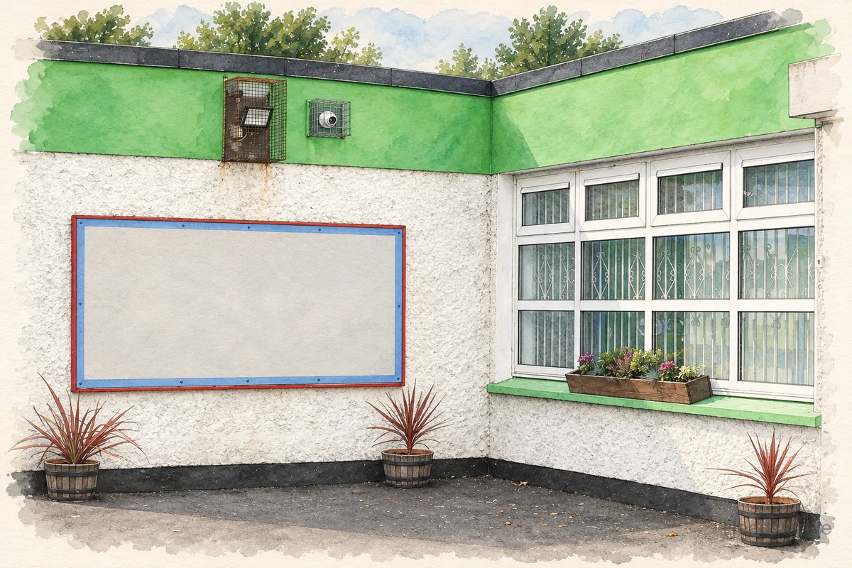 Watercolour illustration of the St Francis Senior National School building, Priorswood,