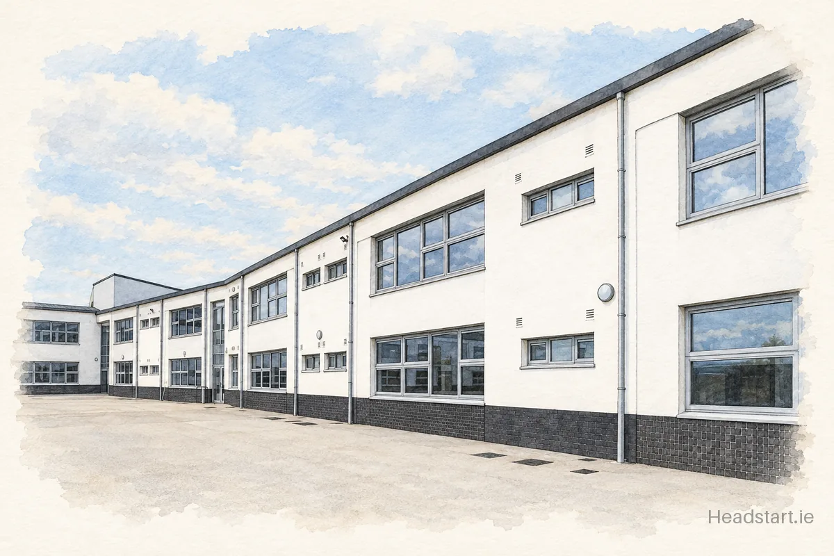 Watercolour illustration of the St Pauls National School building, Navan