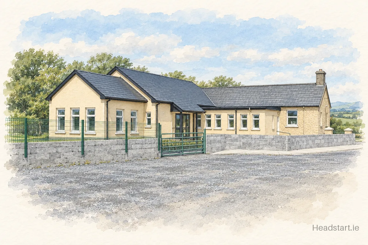 Watercolour illustration of the Bansha National School building, Tipperary