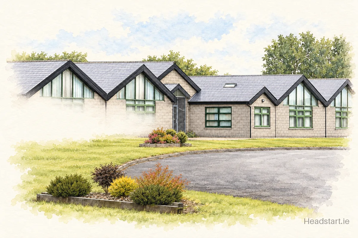 Watercolour illustration of the St Aidans National School building, Shannon