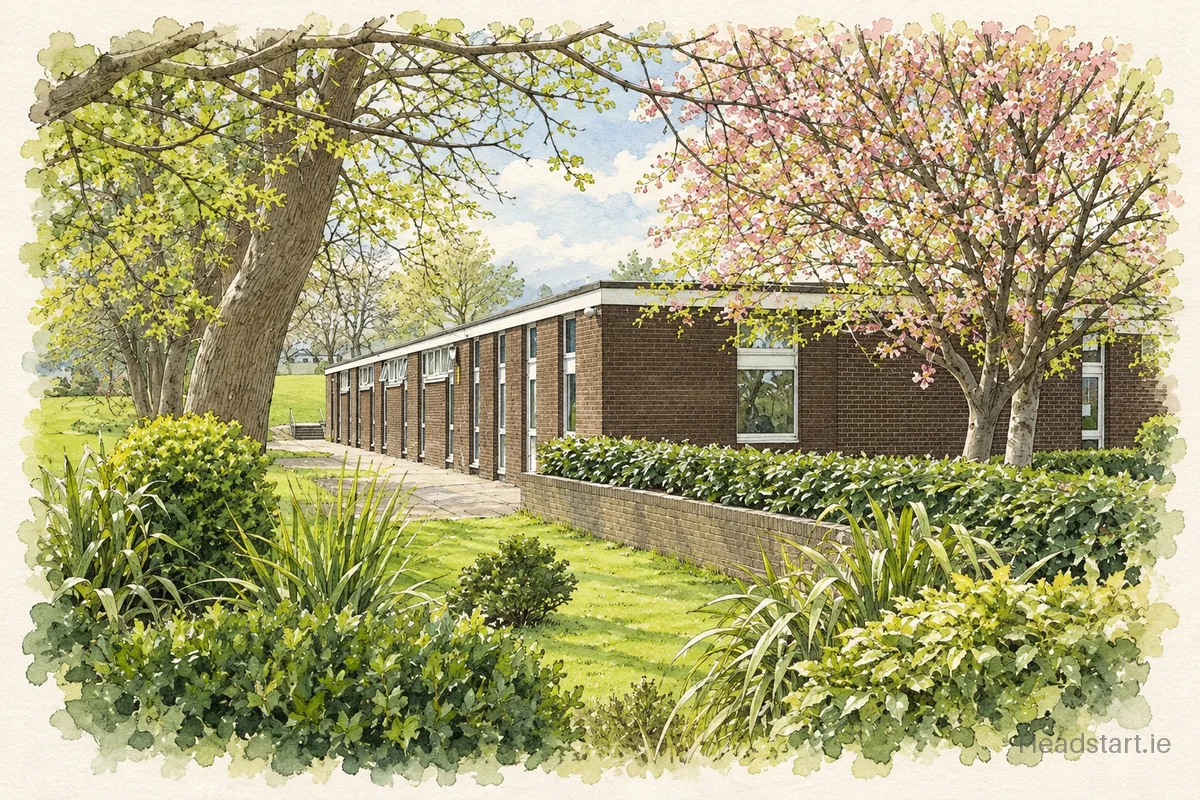 Watercolour illustration of the St Attractas Senior National School building, Dundrum