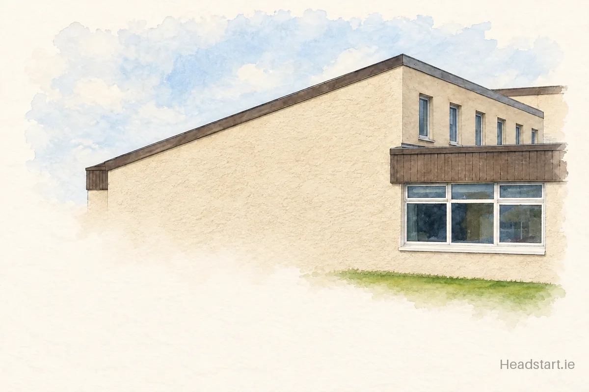 Watercolour illustration of the Queen Of Angels Primary School building, Sandyford