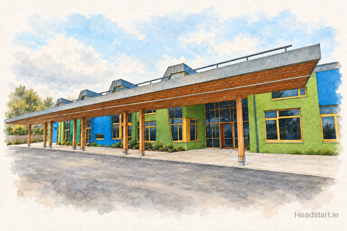 Watercolour illustration of the Little Angels Special School building, Letterkenny