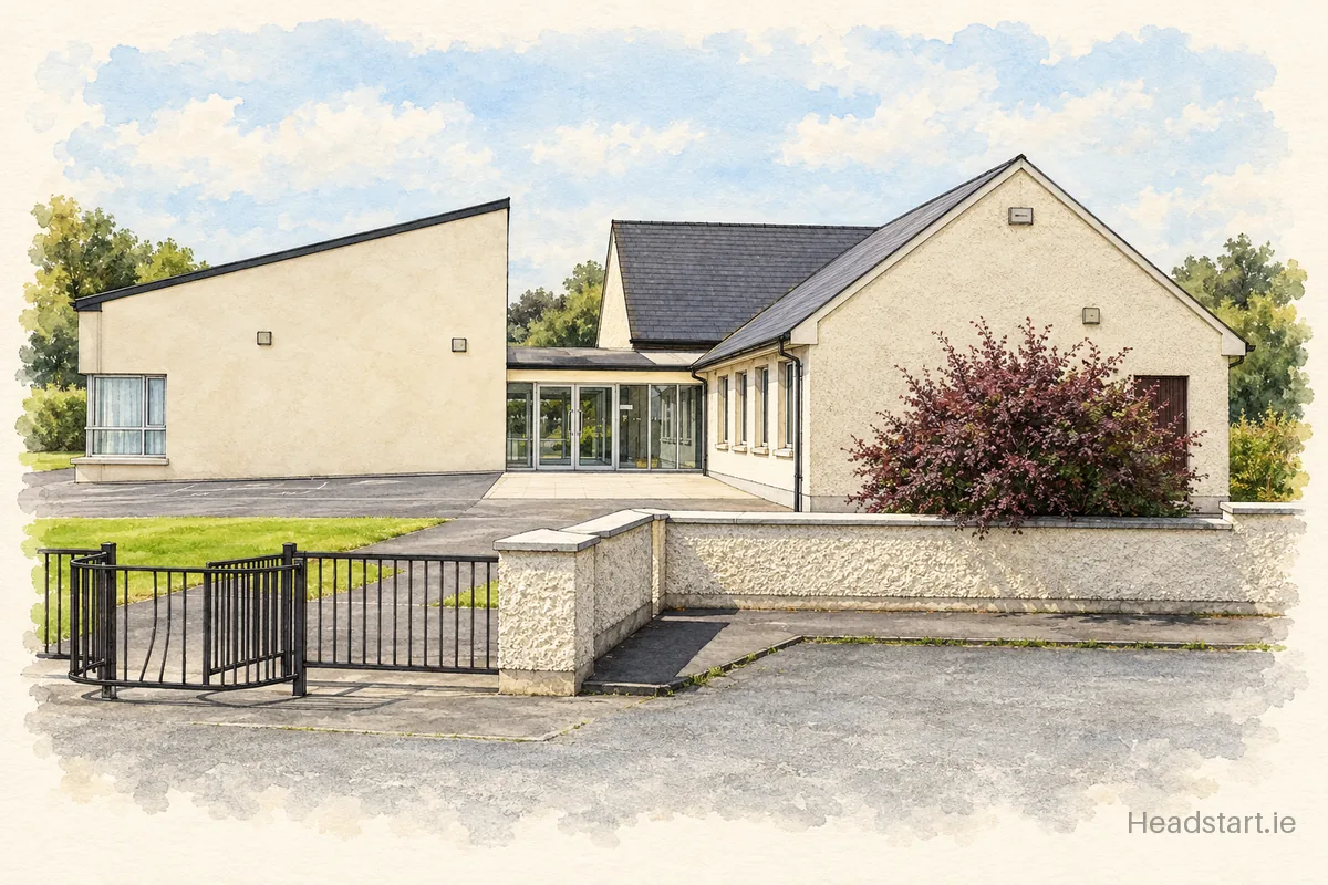 Watercolour illustration of the Castleblayney Central National School building, Castleblayney