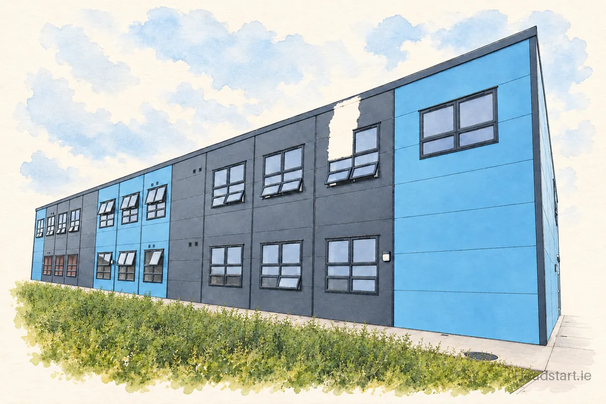 Watercolour illustration of the Scoil Mhuire Coolcotts building, Wexford