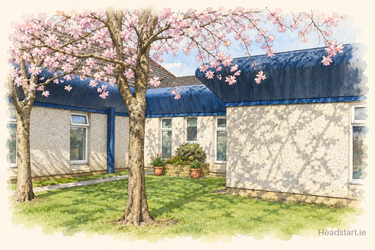 Watercolour illustration of the St Bernadettes Junior National School building, Clondalkin