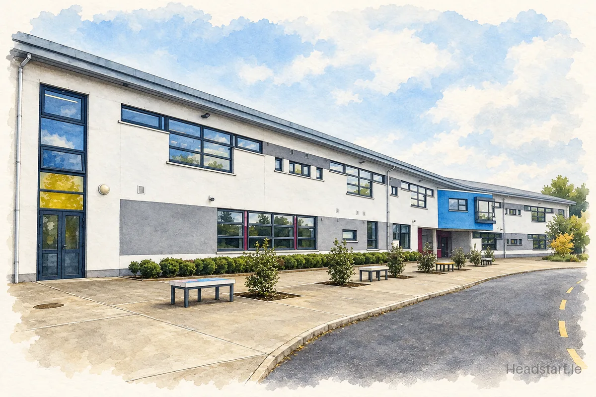 Watercolour illustration of the Scoil Bhride National School building, Portlaoise