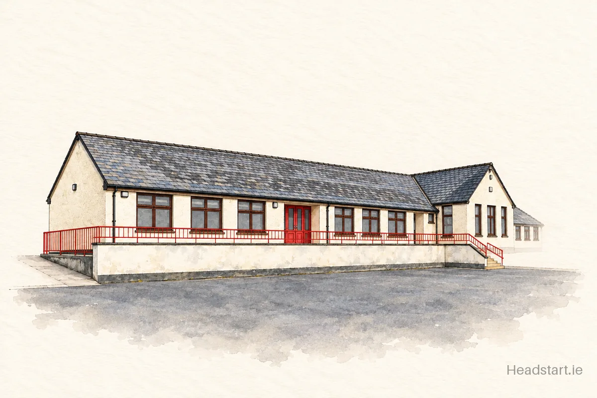 Watercolour illustration of the Scoil Mhuire Na Naird building, Shillelagh