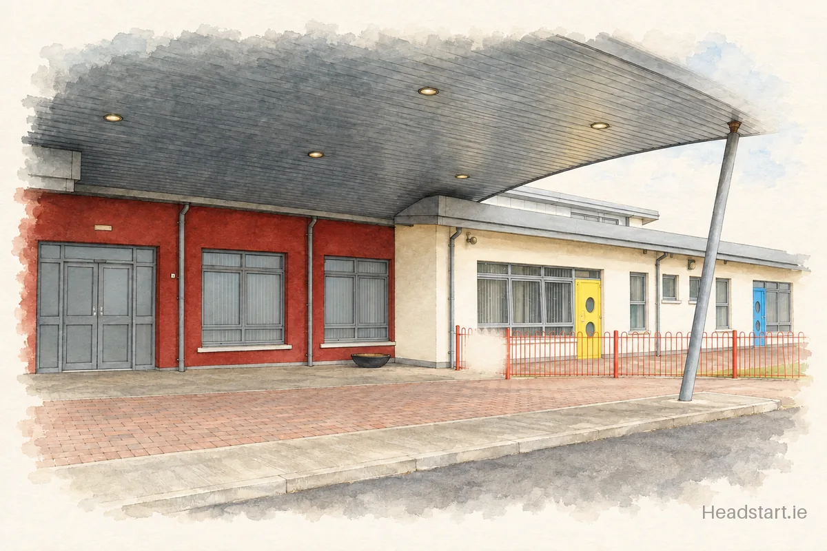 Watercolour illustration of the St Nicholas Special School building, Ballina