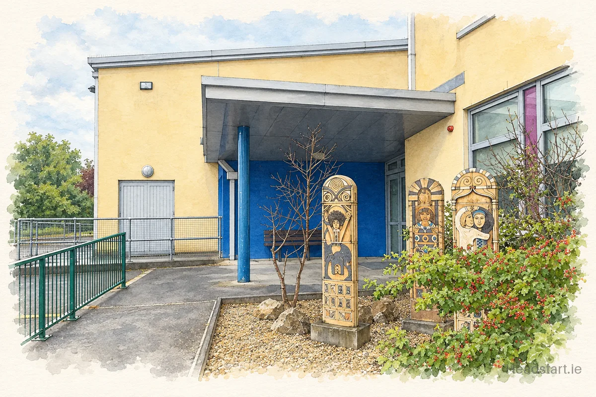 Watercolour illustration of the Gaelscoil Mide building, Cill Bharróg