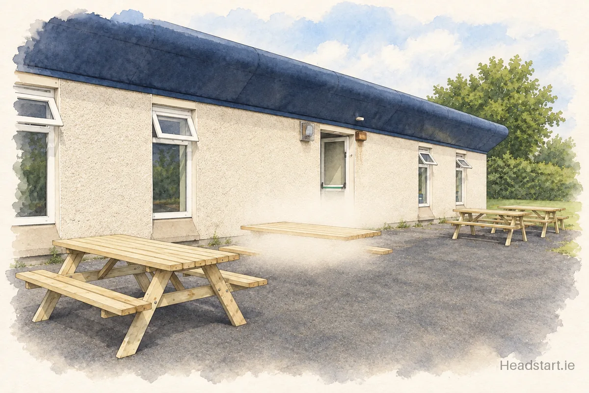 Watercolour illustration of the St Bernadettes Senior National School building, Clondalkin