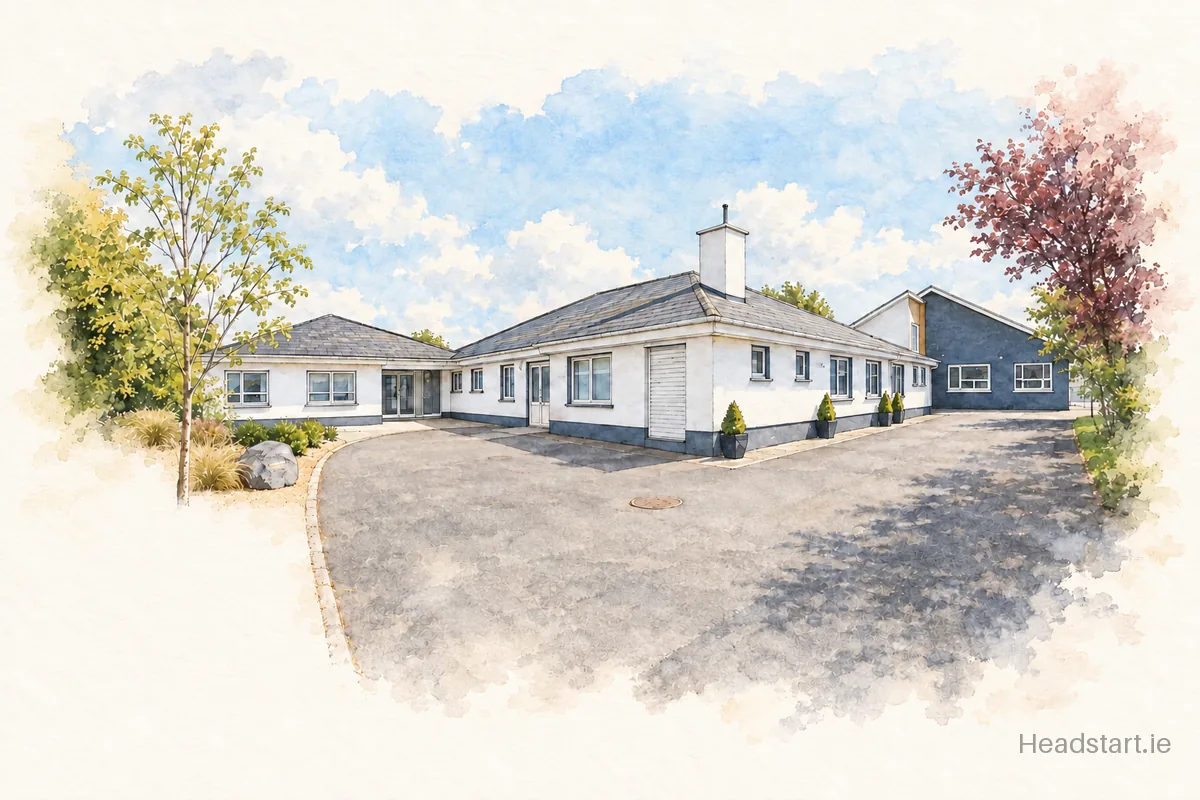 Watercolour illustration of the Scoil Micheal Naofa building, Castlerea