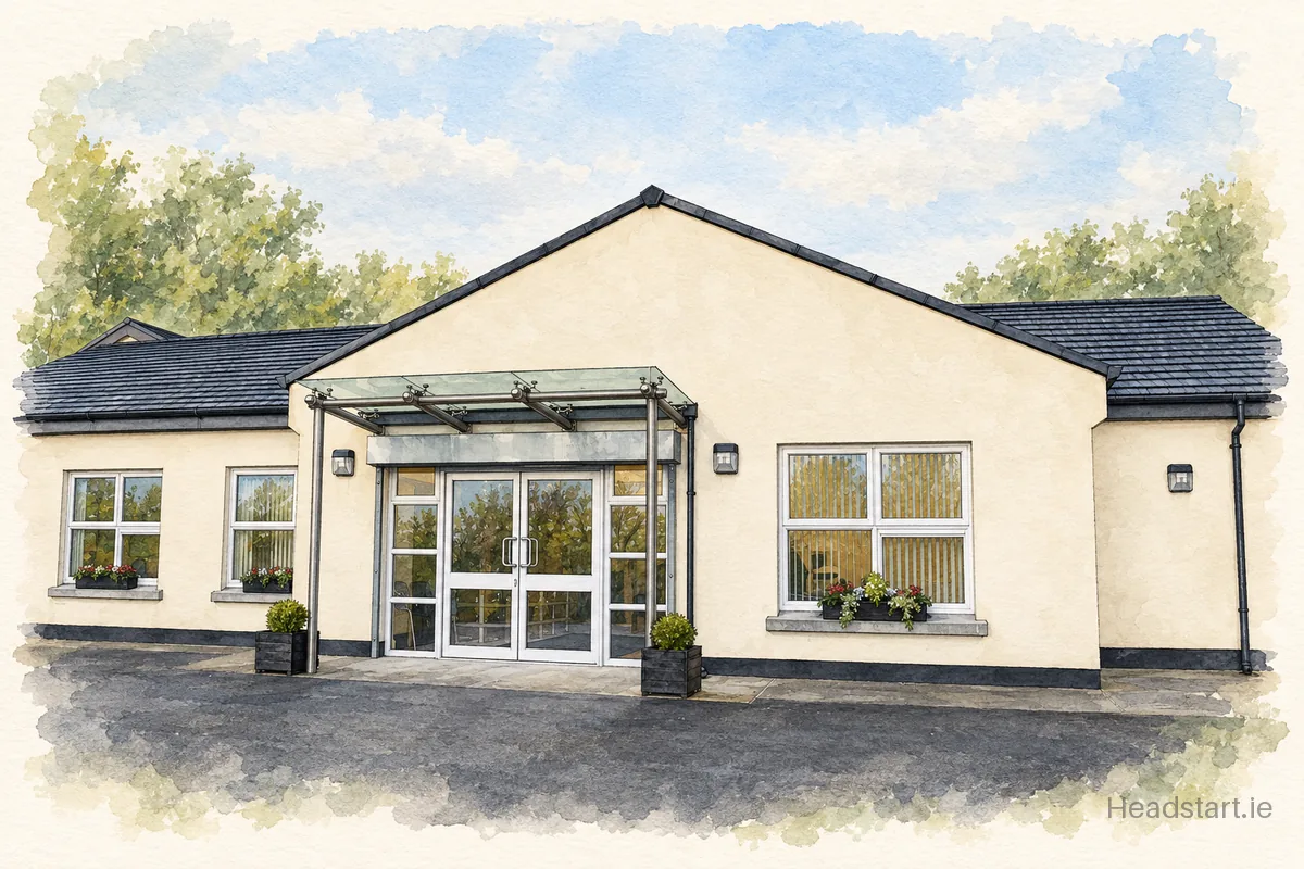 Watercolour illustration of the Tirellan Heights National School building, Galway