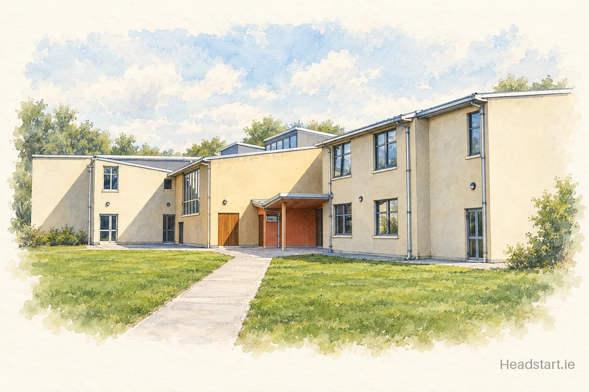 Watercolour illustration of the Gaelscoil Eoghan Ui Thuairisc building, Carlow