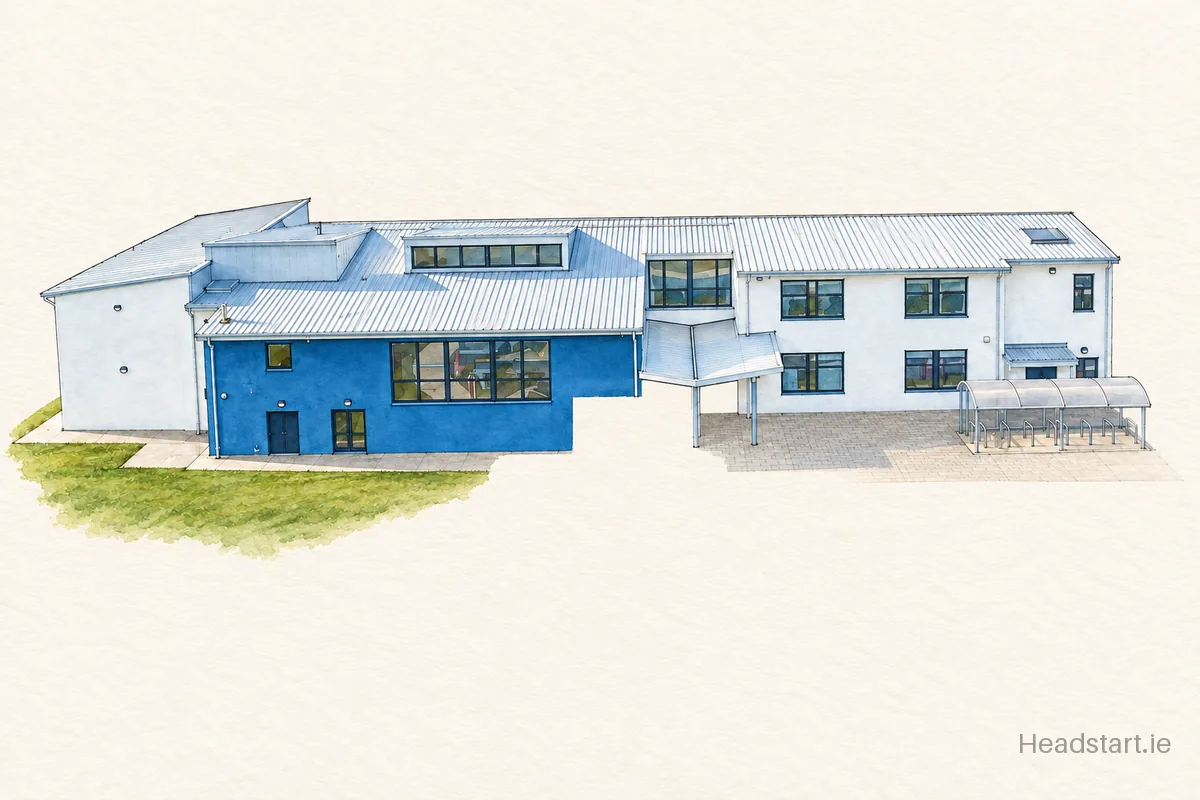 Watercolour illustration of the Kildalkey Central National School building, Navan