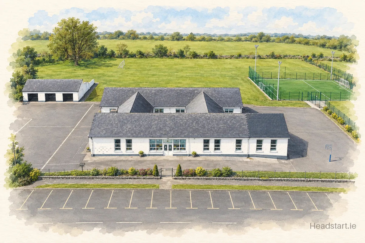 Watercolour illustration of the Scoil Bhríde building, Roscommon