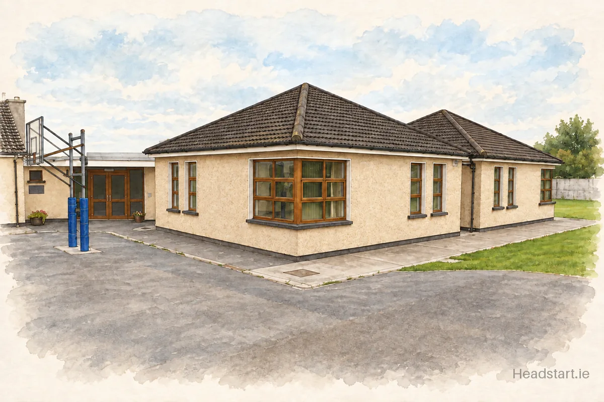 Watercolour illustration of the Scoil Náisiúnta Cearn Mor building, Galway