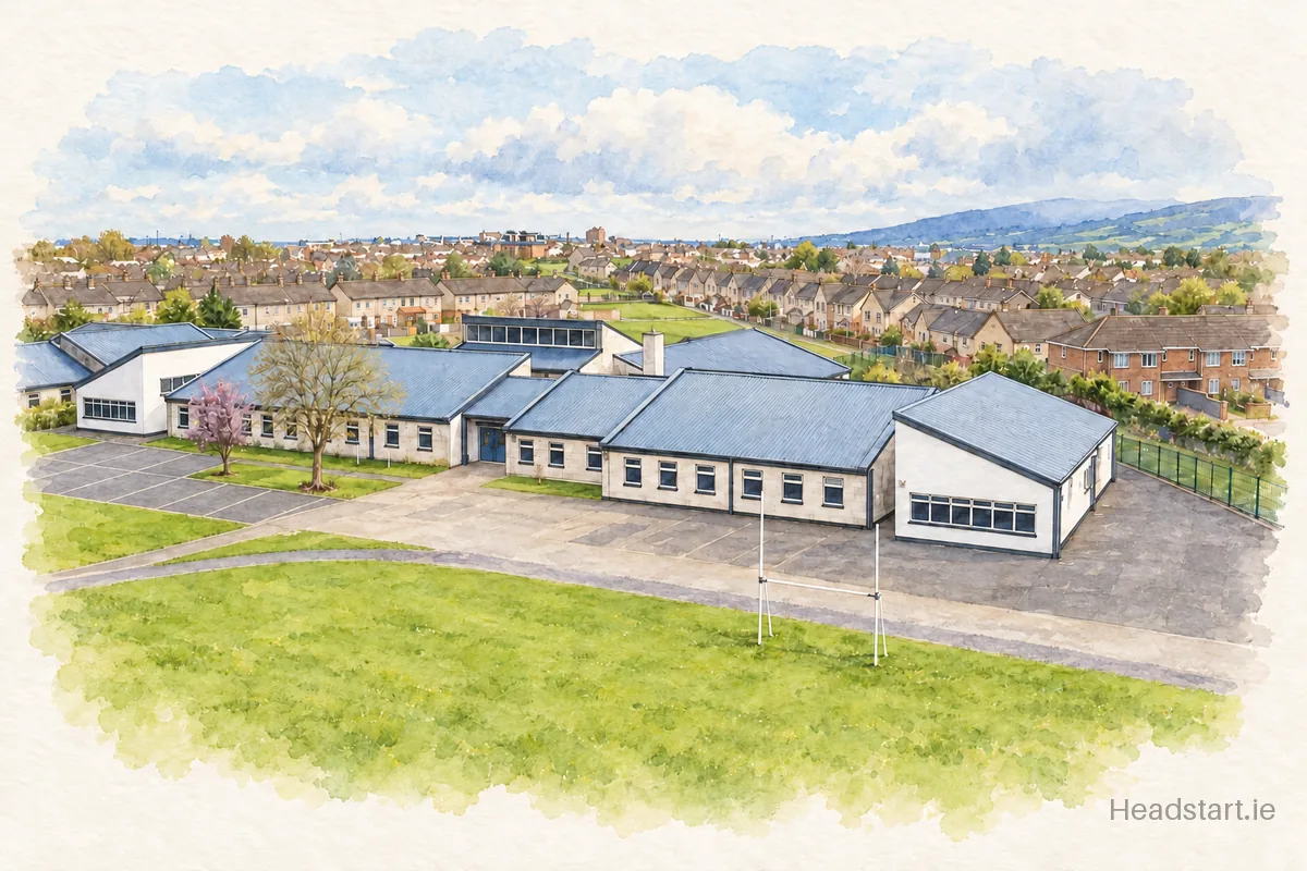 Watercolour illustration of the St Aidans National School building, Tallaght