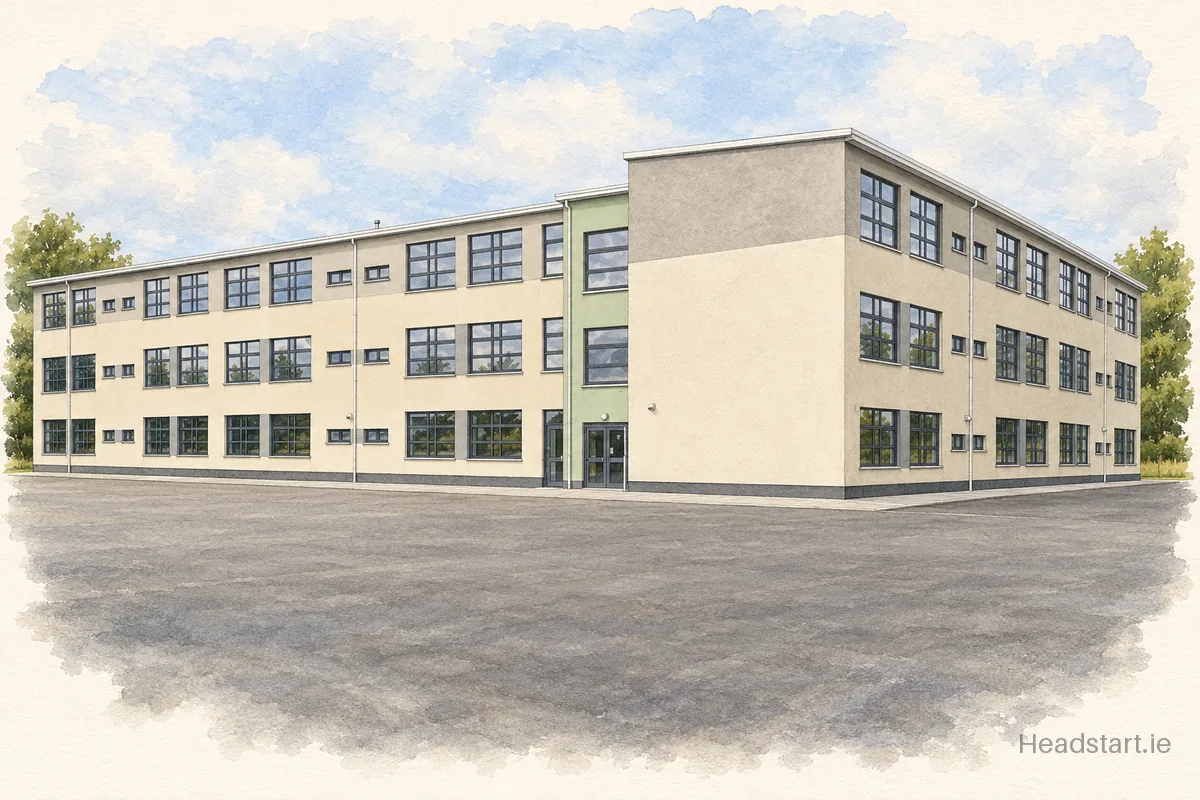 Watercolour illustration of the Gaelscoil Ui Riordain building, Ballincollig
