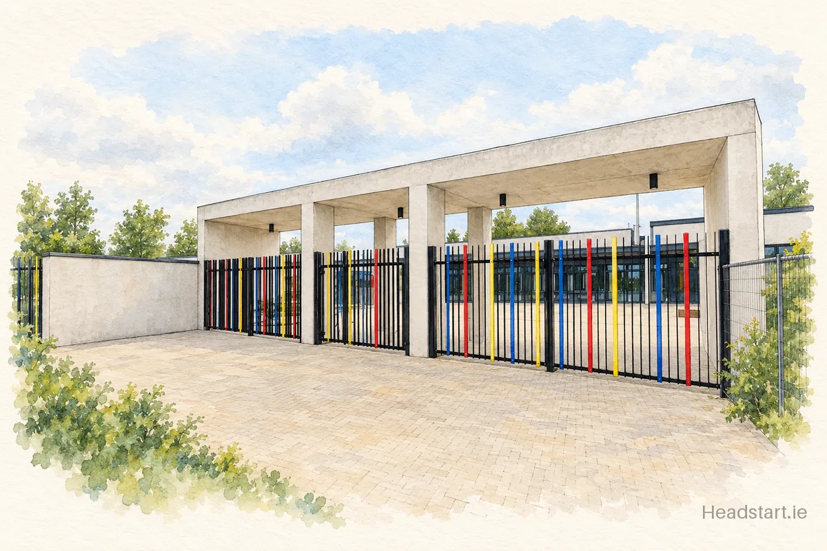 Watercolour illustration of the Gaelscoil Donncha Rua building, Shannon