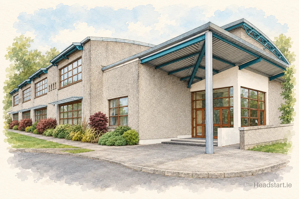 Watercolour illustration of the Gaelscoil Ui Riada building, Wilton