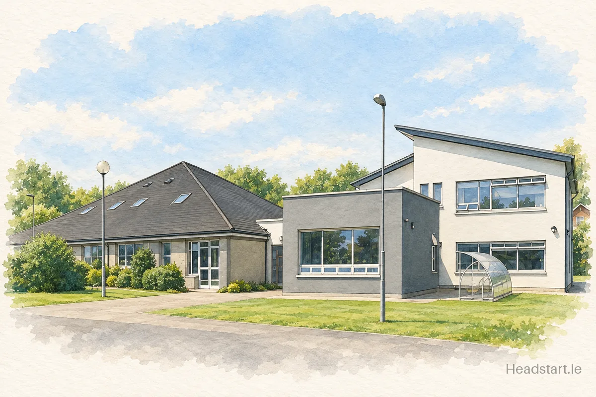 Watercolour illustration of the Gaelscoil Osrai building, Kilkenny