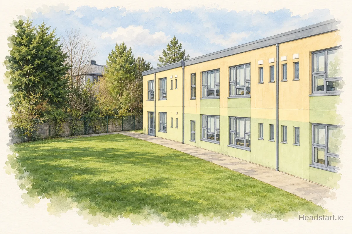 Watercolour illustration of the Gaelscoil Dara building, Galway