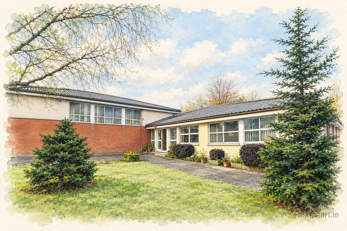 Watercolour illustration of the Divine Mercy Junior National School building, Lucan