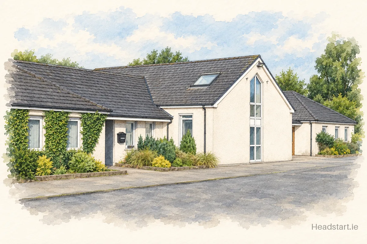 Watercolour illustration of the Gaelscoil Na Ríthe building, Dunshaughlin