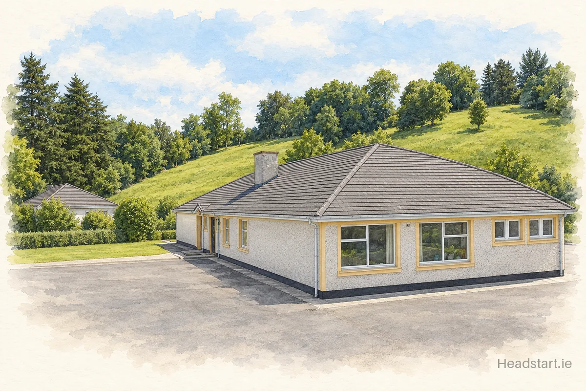Watercolour illustration of the St Patricks National School building, Blacklion