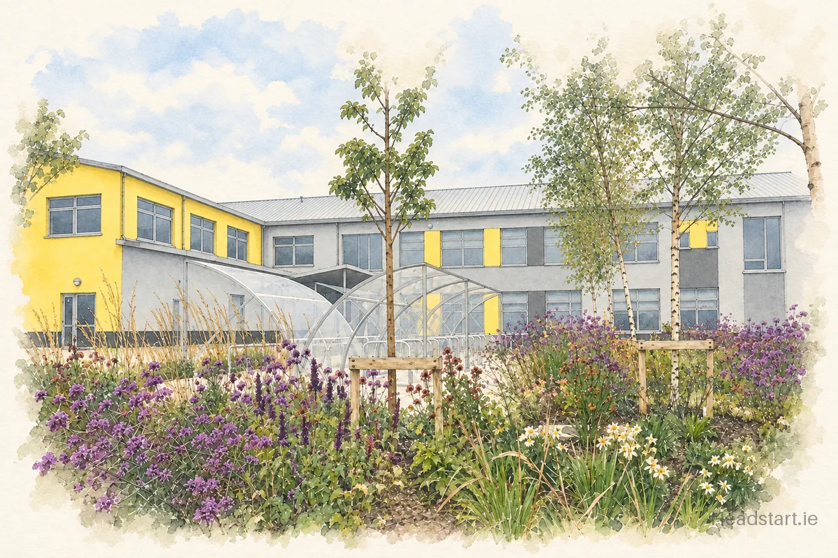 Watercolour illustration of the Scoil Chaitlin Maude building, Tamhlacht