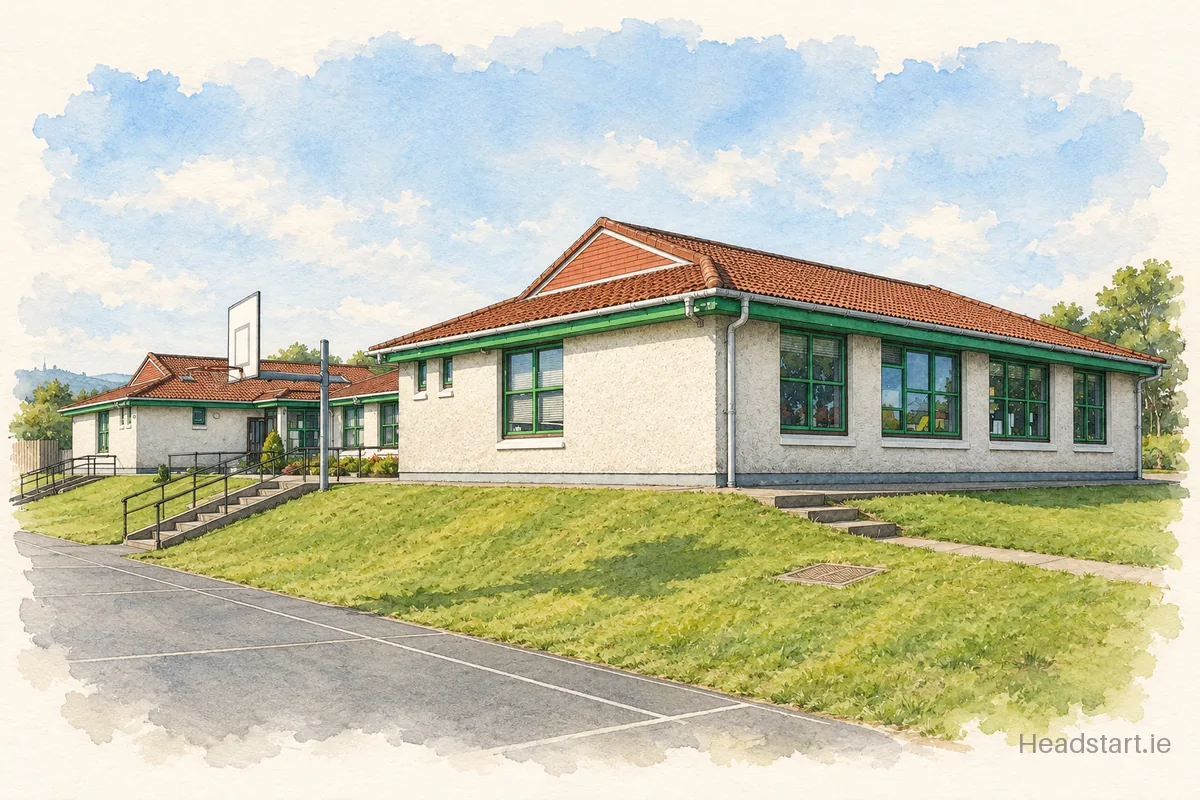 Watercolour illustration of the St Annes Mixed National School building, Shankill
