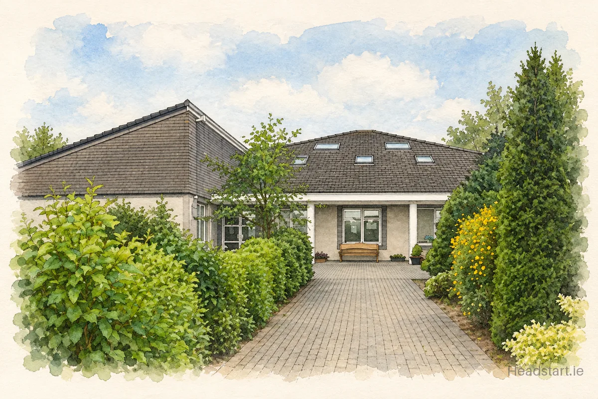 Watercolour illustration of the Gaelscoil Dhun Dealgan building, Dundalk