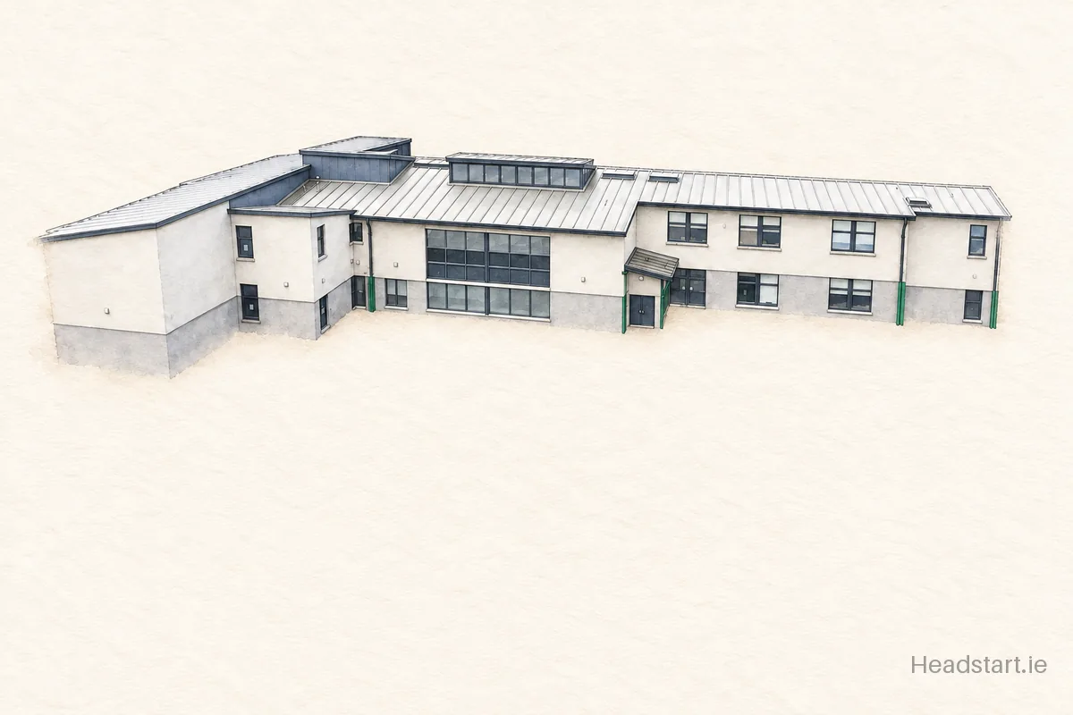 Watercolour illustration of the Gaelscoil An Duinninigh building, Swords