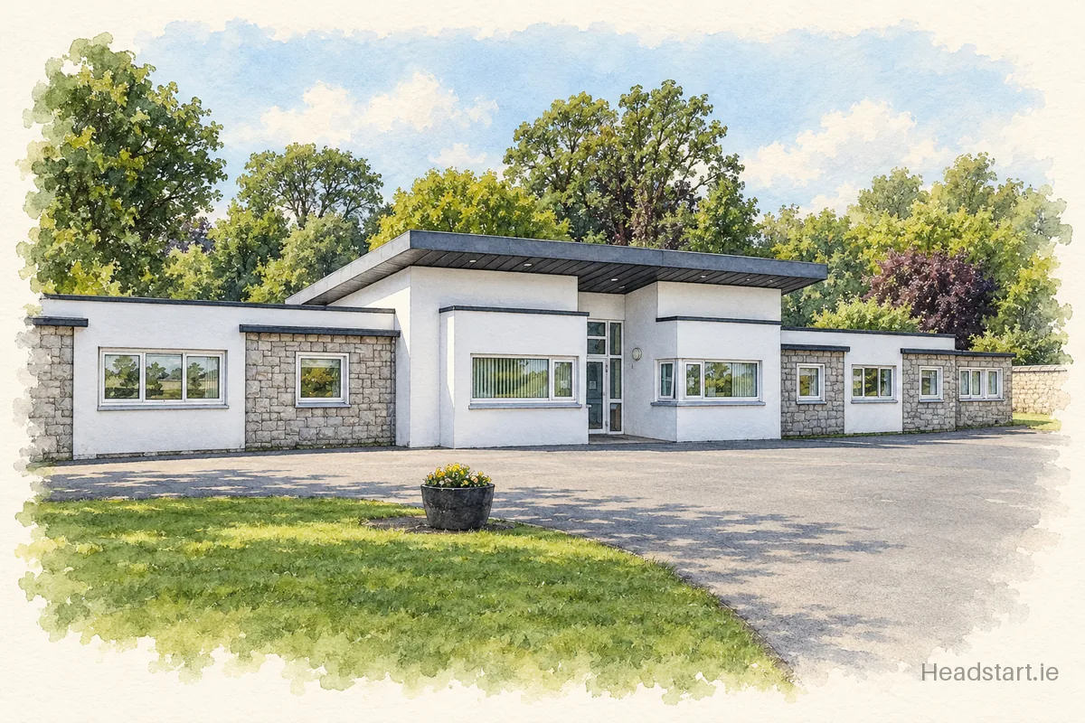 Watercolour illustration of the Booterstown National School building, Blackrock