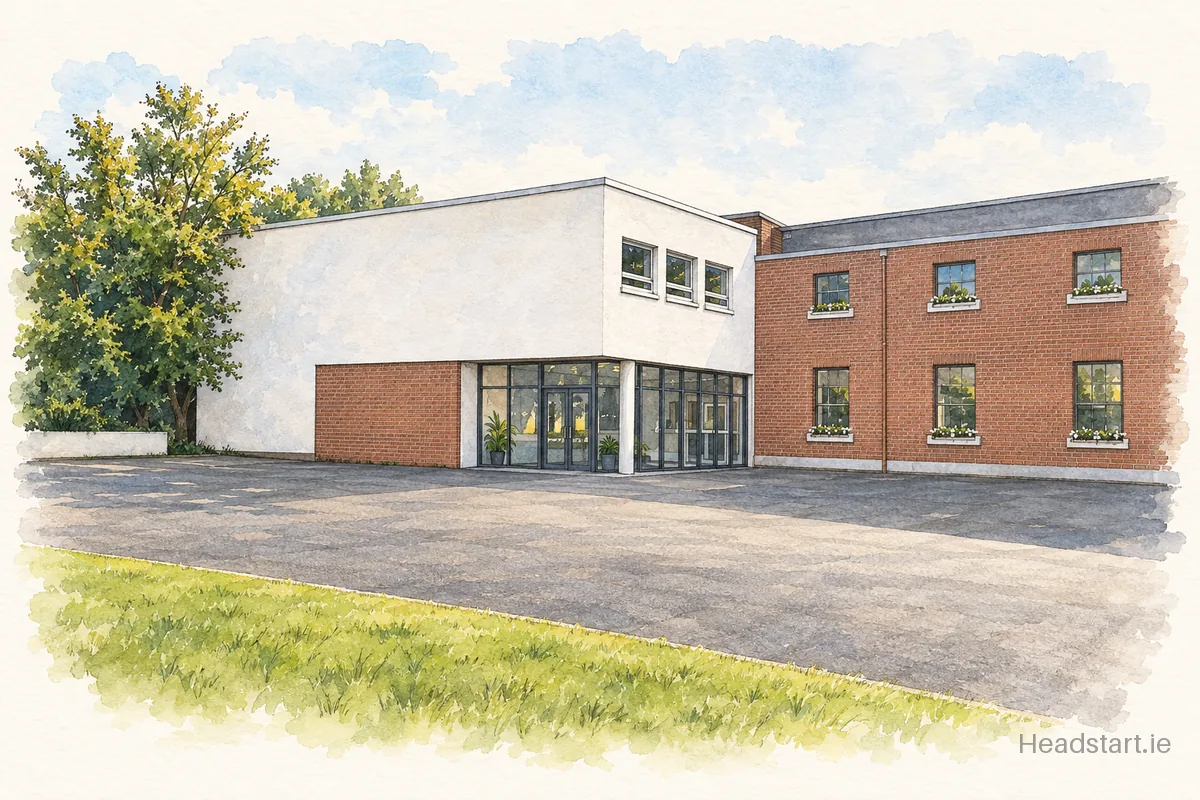 Watercolour illustration of the Holy Cross National School building, Dundrum