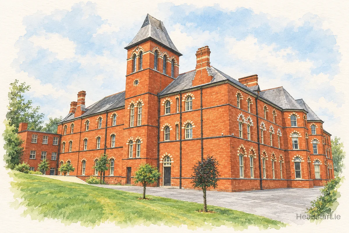 Watercolour illustration of the Gaelscoil Peig Sayers building, Cork (northside)