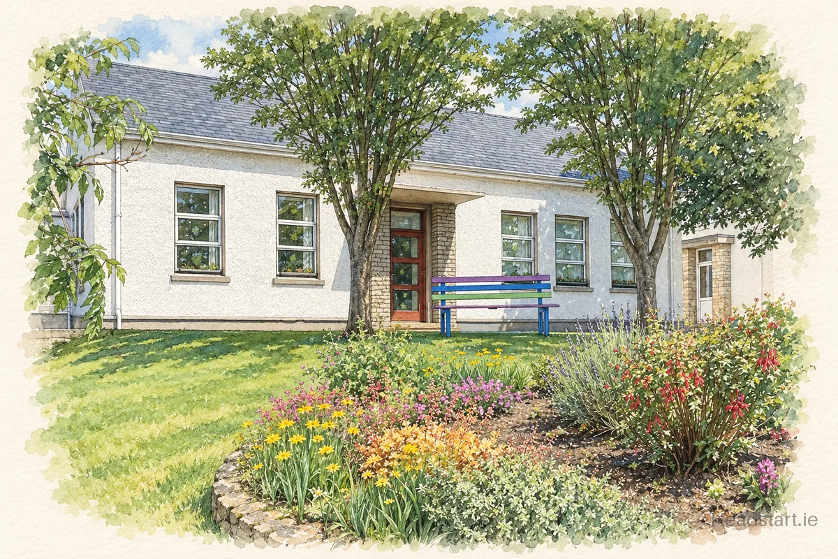 Watercolour illustration of the Scoil Mhuire building, Glenties