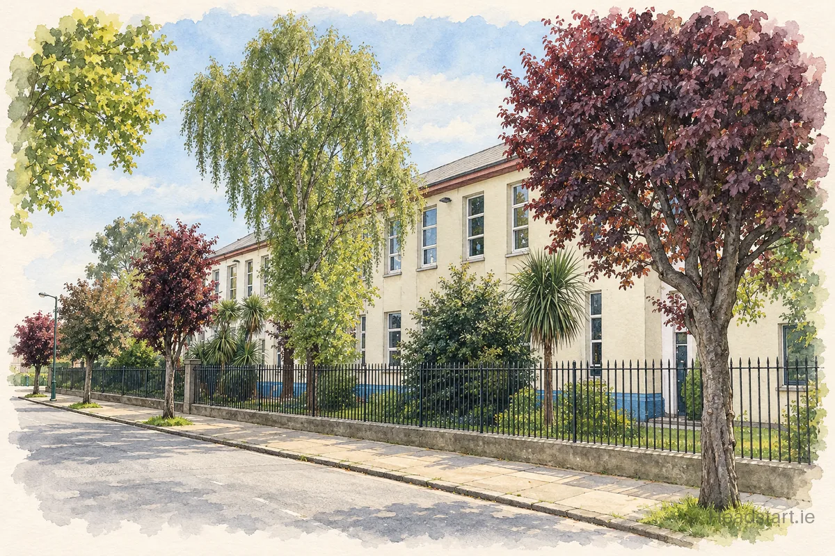 Watercolour illustration of the Scoil Treasa Naofa building, Donore Avenue