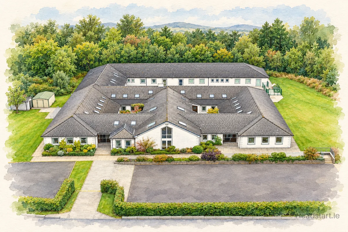 Watercolour illustration of the Gaelscoil Faithleann building, Killarney