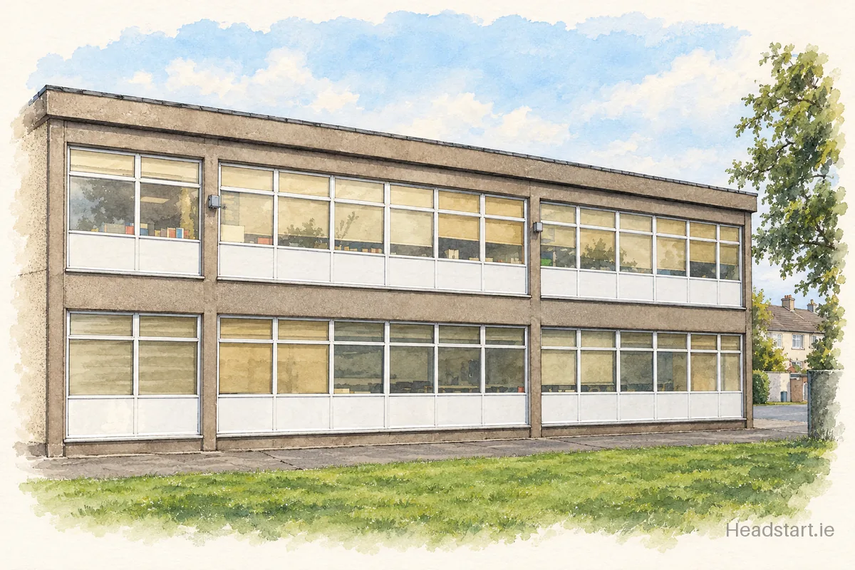 Watercolour illustration of the St. Damian's School building, Perrystown