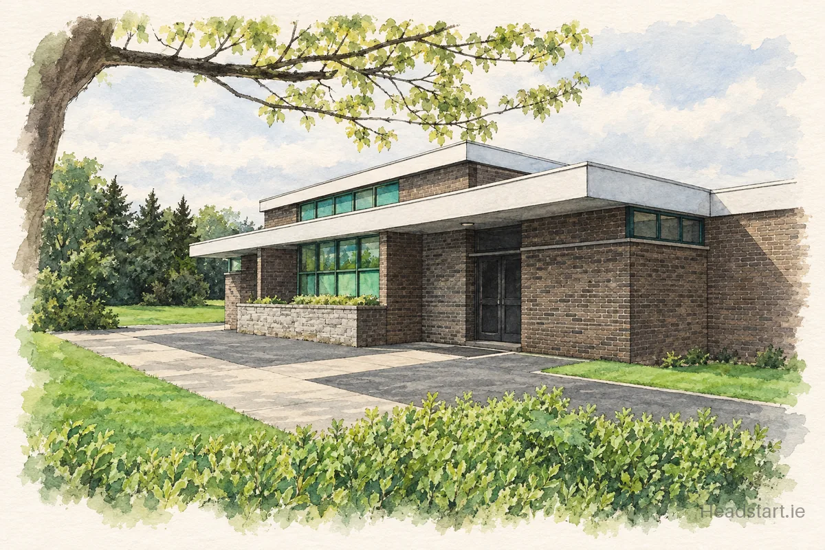 Watercolour illustration of the Islamic National School building, Clonskeagh