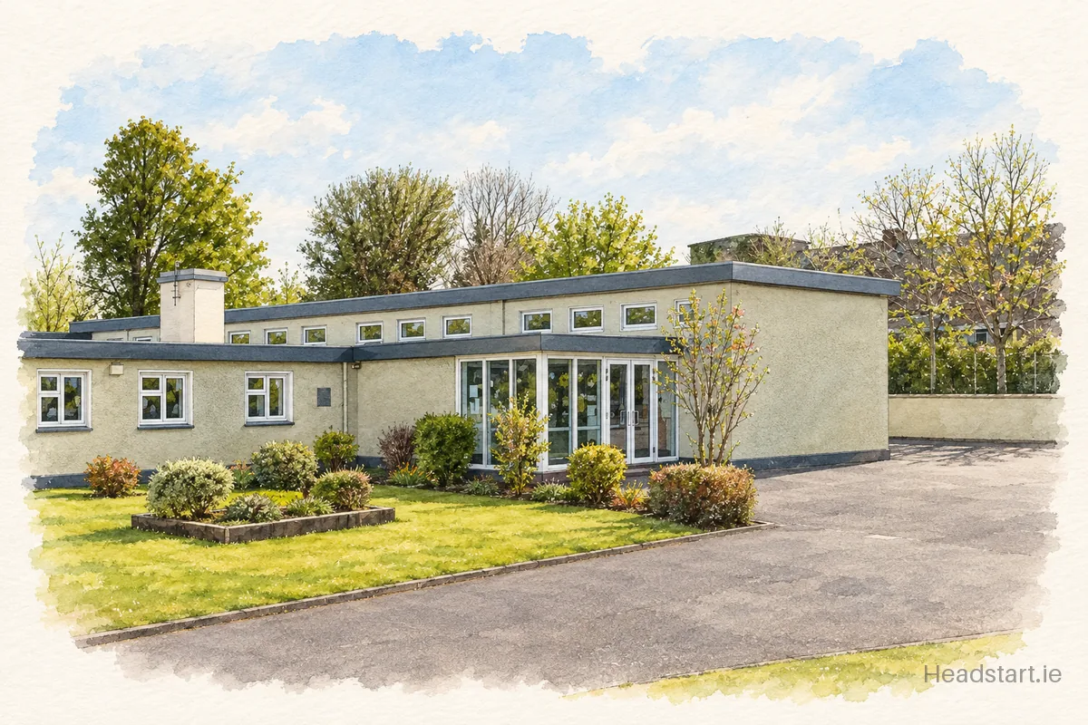Watercolour illustration of the Swinford National School building, Swinford