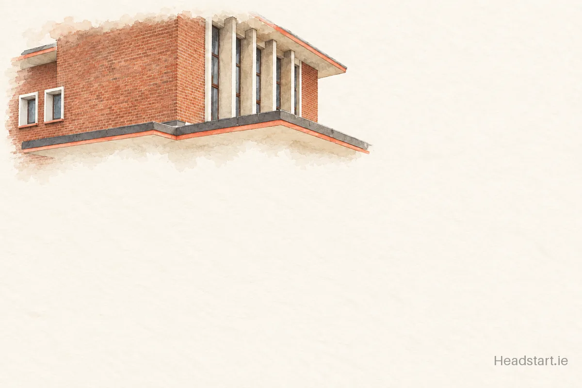 Watercolour illustration of the Gaelscoil Sairseal building, Limerick